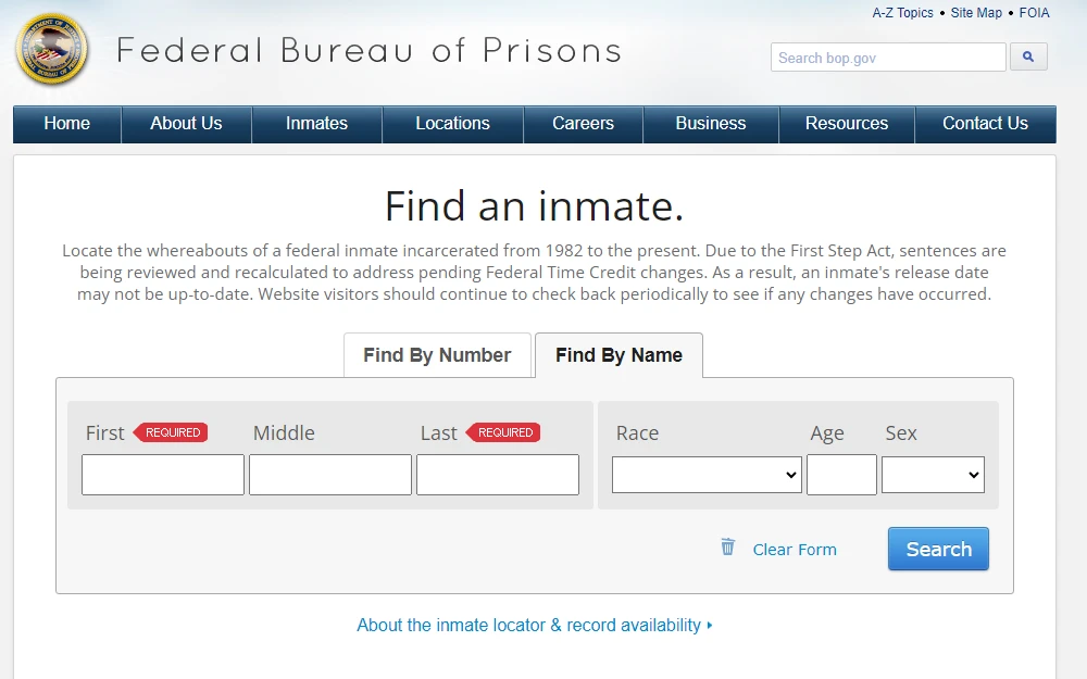 A screenshot of the Inmate locator tool maintained by the Federal Bureau of Prisons that is searchable by providing either the inmate's name or registration number.