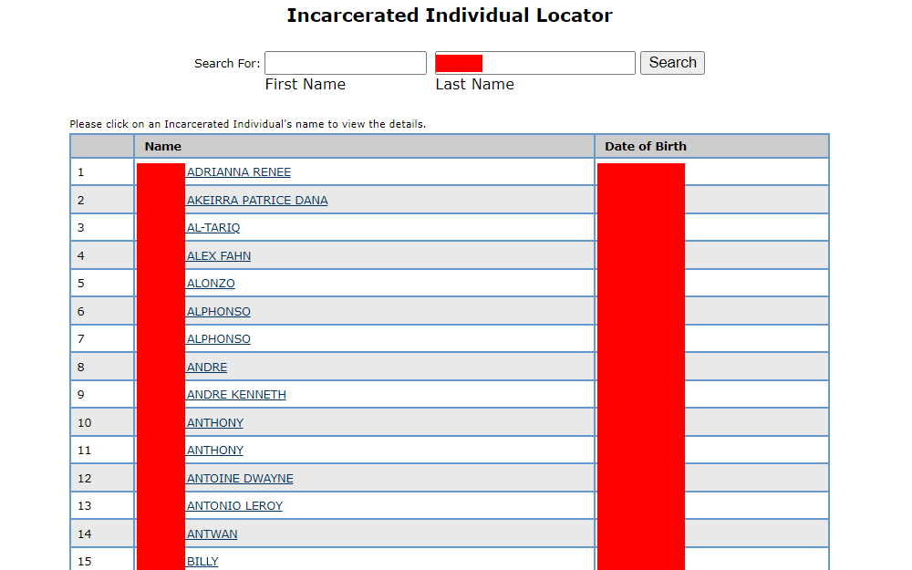 A screenshot of the Maryland Department of Corrections Incarcerated Individual Locator tool showing a list of sample search results displaying the inmates' name, DOB, and a hyperlink routing to a page with more information about a specific individual.