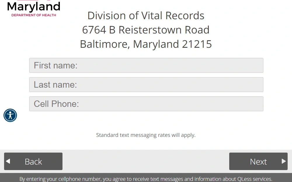 A screenshot of the online appointment scheduler of the Maryland Department of Health, Division of Vital Records, showing the first step, which is to provide the first and last name and cell phone number.