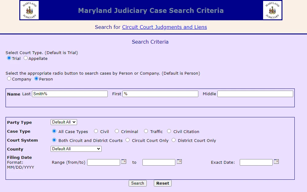 A screenshot of the Case Search tool provided by the Maryland Judiciary that can be searched by person, company, or by case number with the following search criteria: name, party type, case type, court system, county, and filing date.