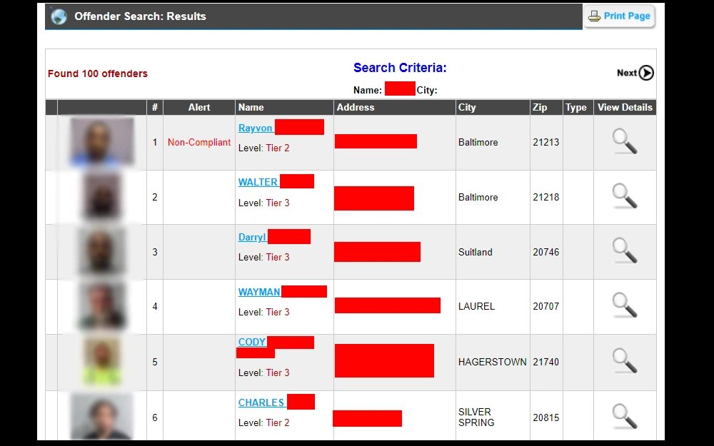 A screenshot showing a sample of search results through the Maryland Sex Offender Registry maintained by the Department of Public Safety and Correctional Services displaying the offenders' mugshots, names, addresses, city, and zip code.