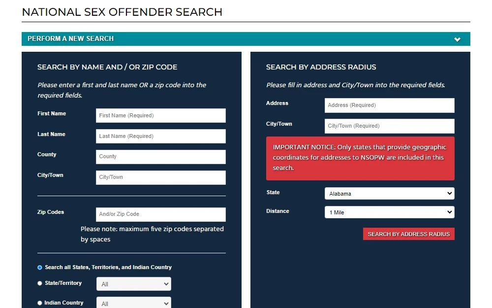 A screenshot of the National Sex Offender Public Website that is searchable by providing either by name, zip code, or by address radius.