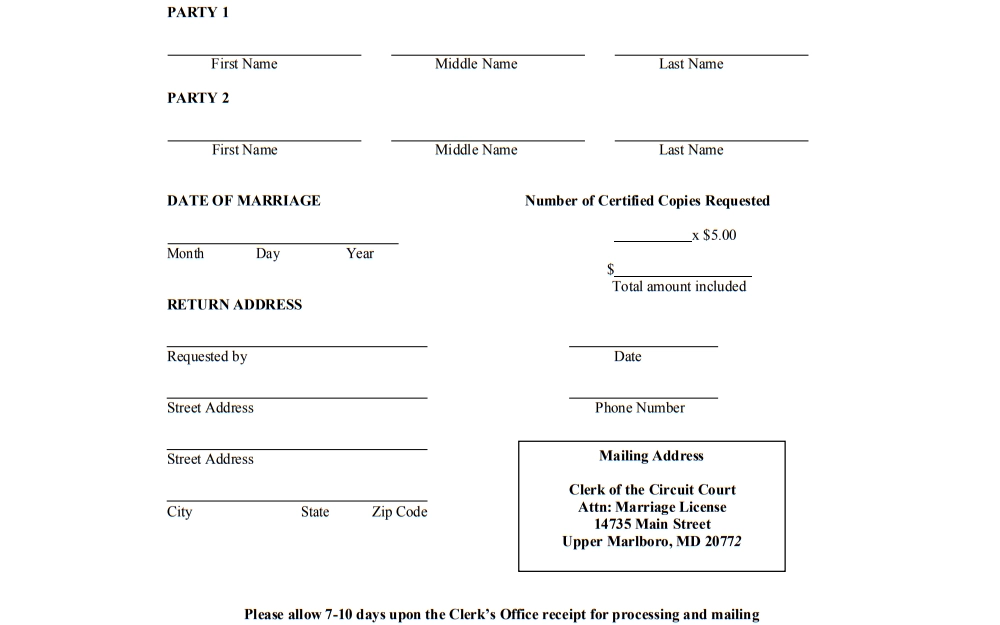 A screenshot of the fillable online Certified Marriage License Request form of the Prince George's County Clerk of the Circuit Court that must be completed and submitted if someone requests a copy of the marriage record.