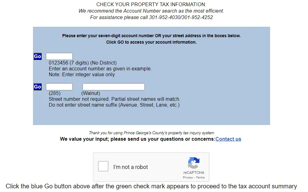 The Prince George's County tax information portal that has fields for a 7 digit district number or no district and the street number and name. 