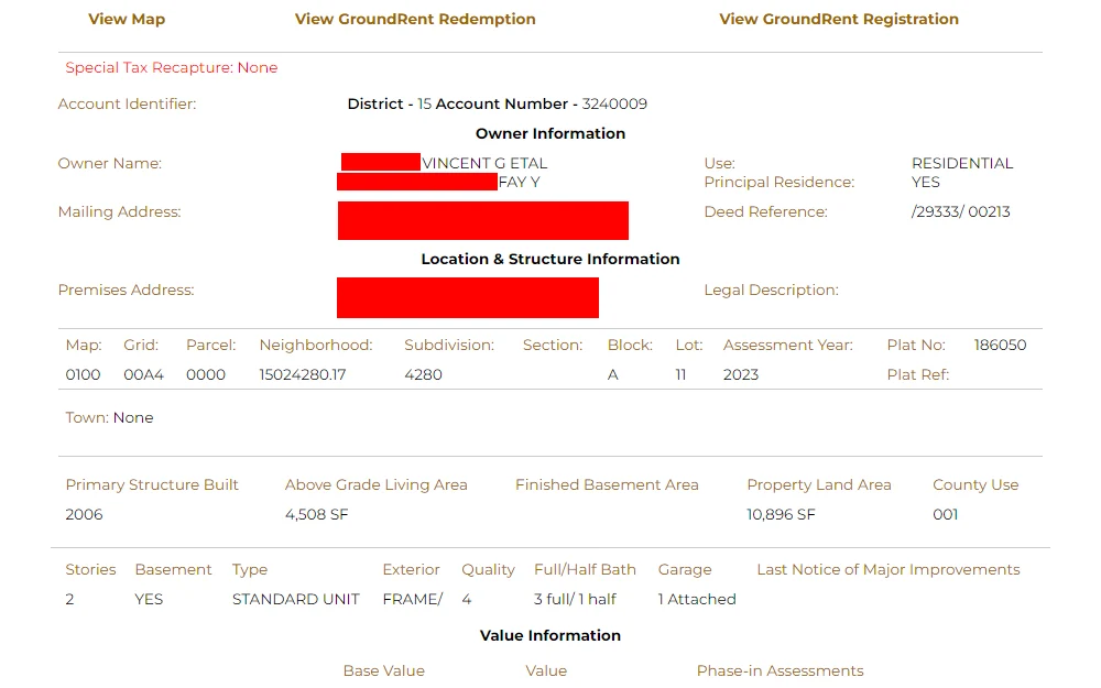 A screenshot of a sample case summary resulting from a search done through the Real Property Data Search tool maintained regularly by the Maryland Department of Assessments and Taxation, showing the owner information, location and structure details, etc.