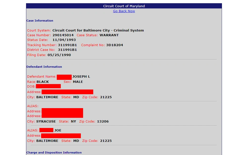 A screenshot of a sample warrant case type search result from the search made through the Maryland Judiciary Case Search tool showing the case information, defendant, charge and disposition details, and other information.