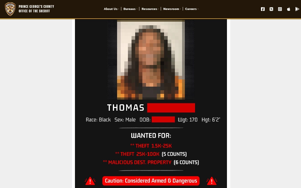 A screenshot of the Prince George's County Sheriff's Office's most wanted fugitives shows a wanted person's mugshot, name, race, sex, date of birth, weight, height, and charges.